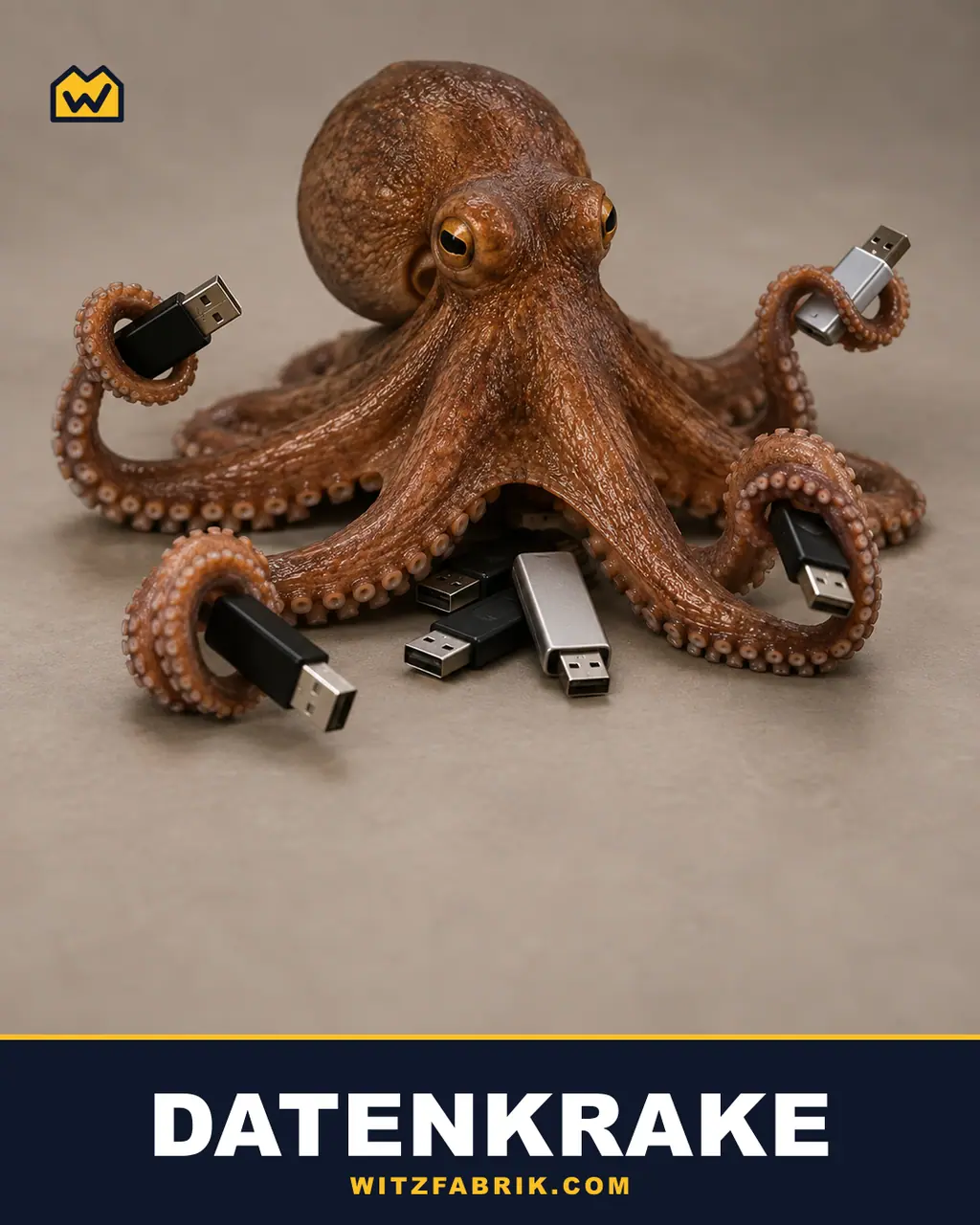 Ein Oktopus hält in seinen Tentakeln mehrere USB-Sticks