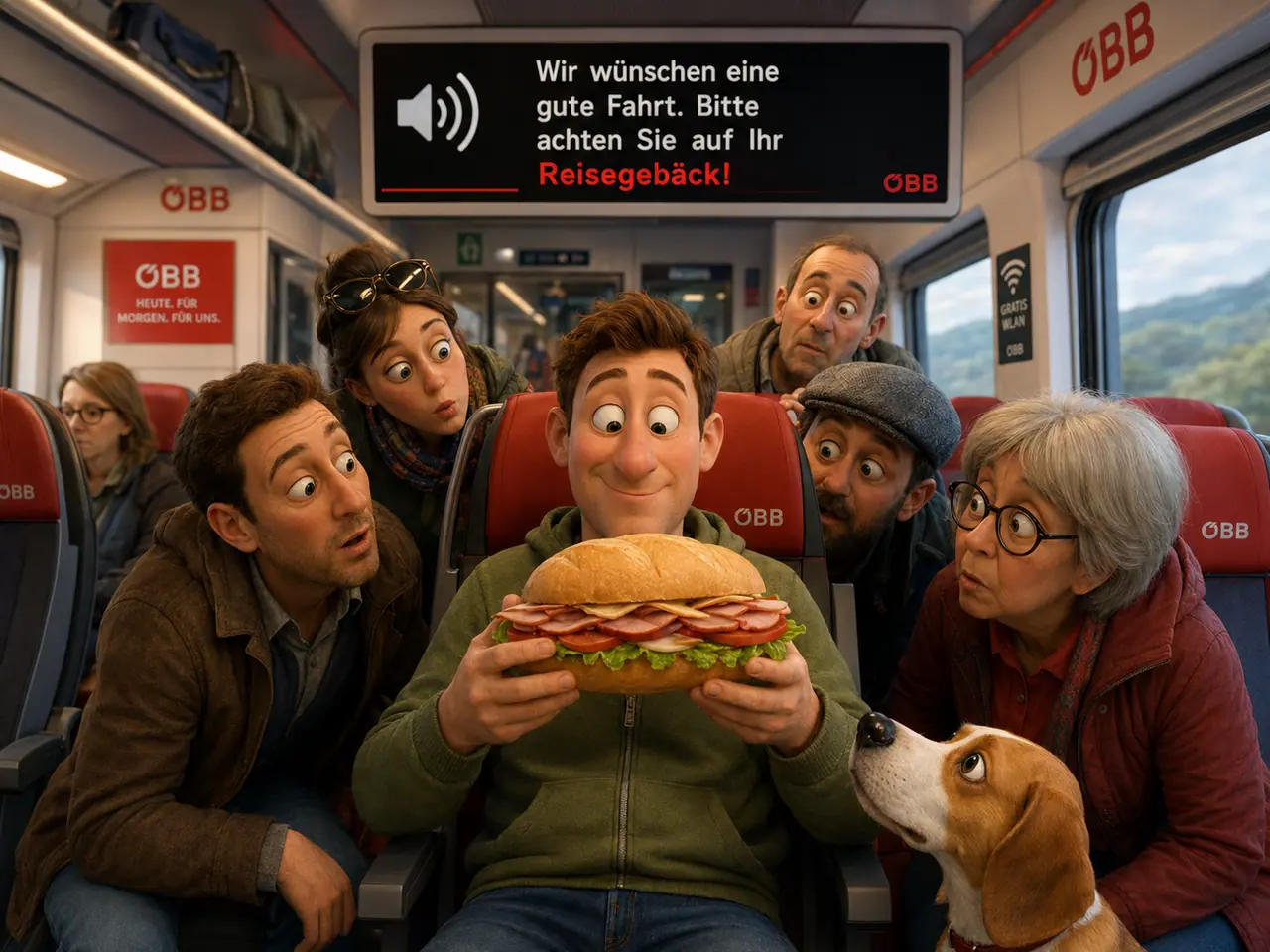 Comicbild in einem ÖBB-Zugabteil: Ein junger Mann hält ein riesiges Sandwich, während mehrere Fahrgäste und ein Hund hungrig darauf starren; die Anzeigetafel bittet, auf das Reisegebäck zu achten.