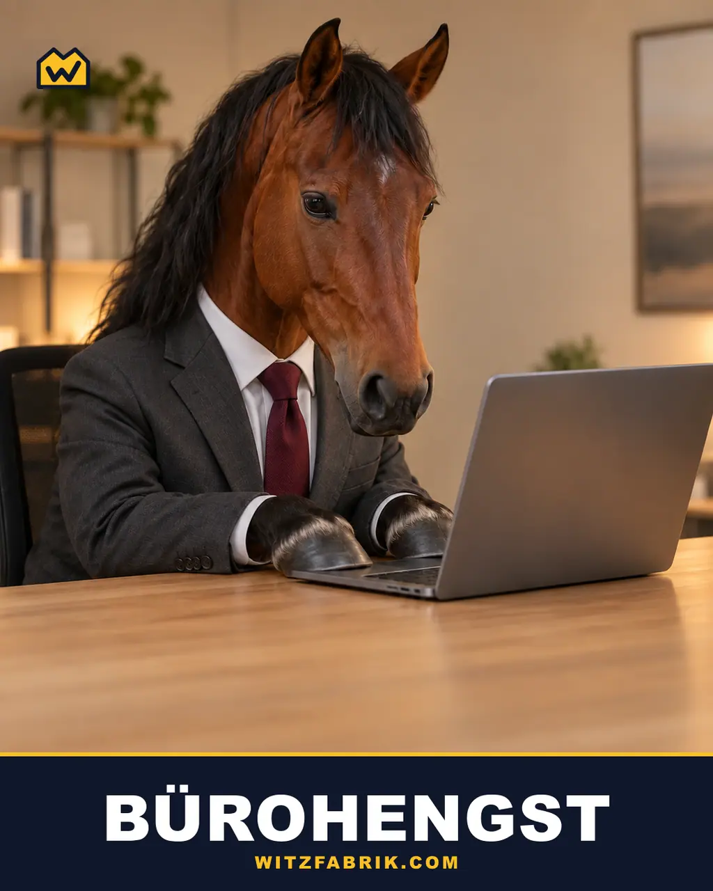 Ein Pferd im Anzug sitzt am Schreibtisch und tippt auf einem Laptop