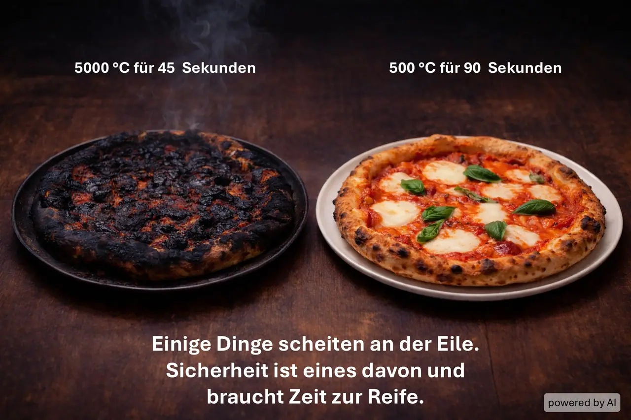 Zwei Pizzen im Vergleich: links eine völlig verbrannte Pizza (5000 °C für 45 Sekunden), rechts eine perfekt gebackene Margherita (500 °C für 90 Sekunden).