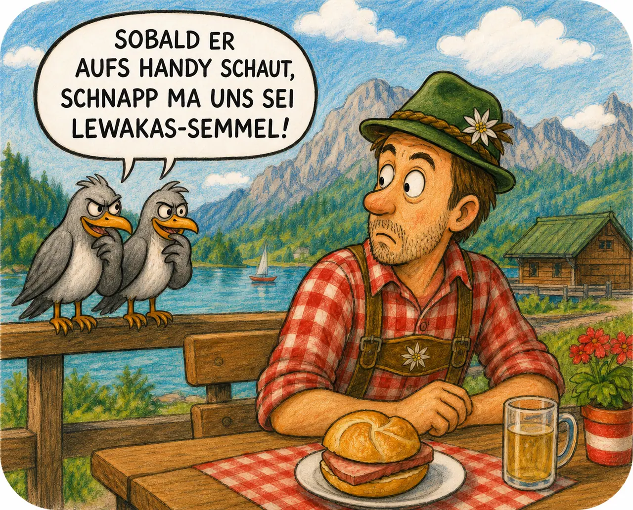 Zwei Krähen auf einem Holzgeländer beschließen im österreichischen Dialekt, dem Mann seine Leberkässemmel zu stibitzen, sobald er aufs Handy schaut – der Mann in Tracht sitzt ahnungslos mit Semmel und Bierkrug vor Alpenpanorama.