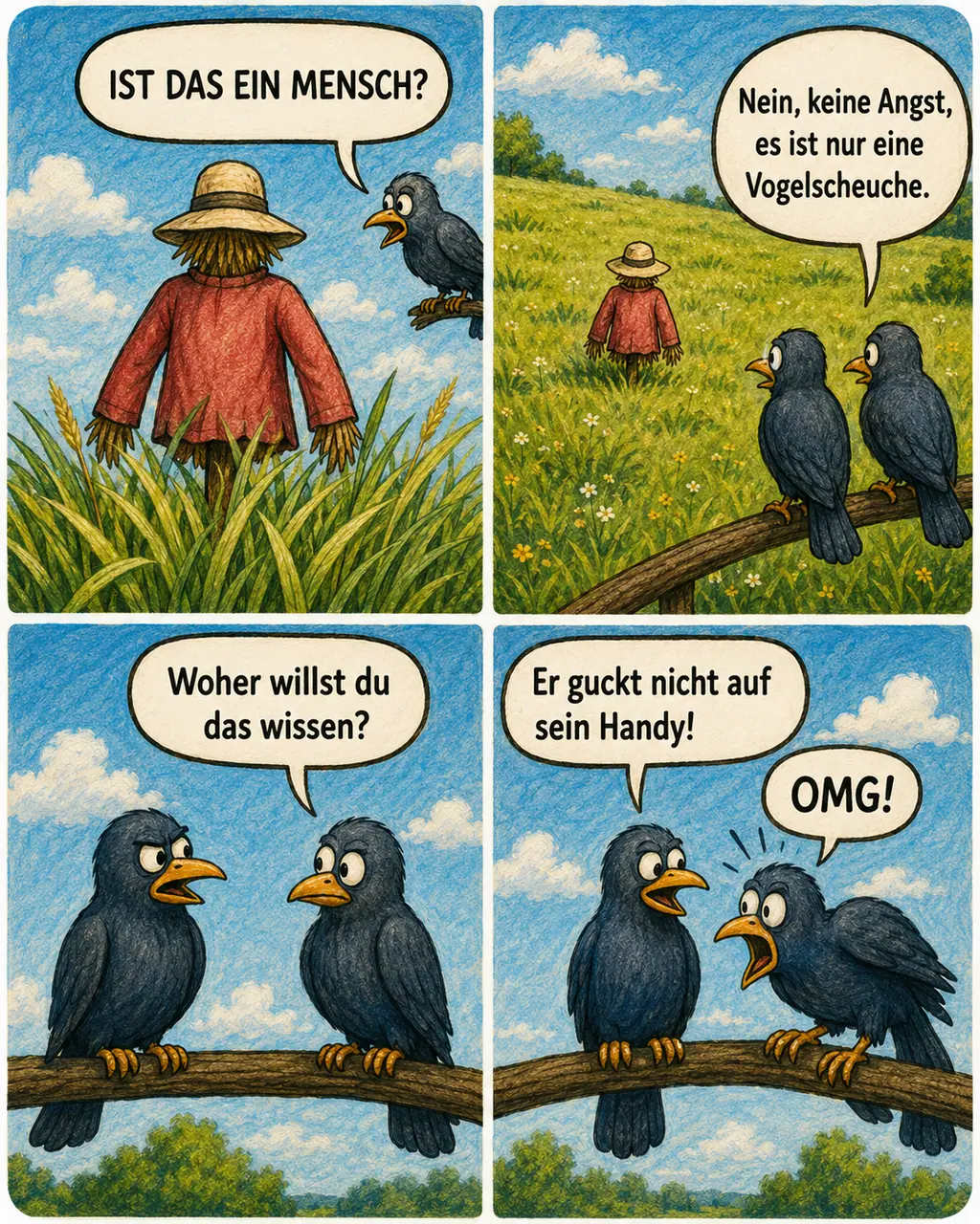 Vierteiliger Comic: Zwei Krähen rätseln, ob die Gestalt im Feld ein Mensch ist. Antwort: Es ist nur eine Vogelscheuche – erkennbar daran, dass sie nicht aufs Handy schaut. 'OMG!'