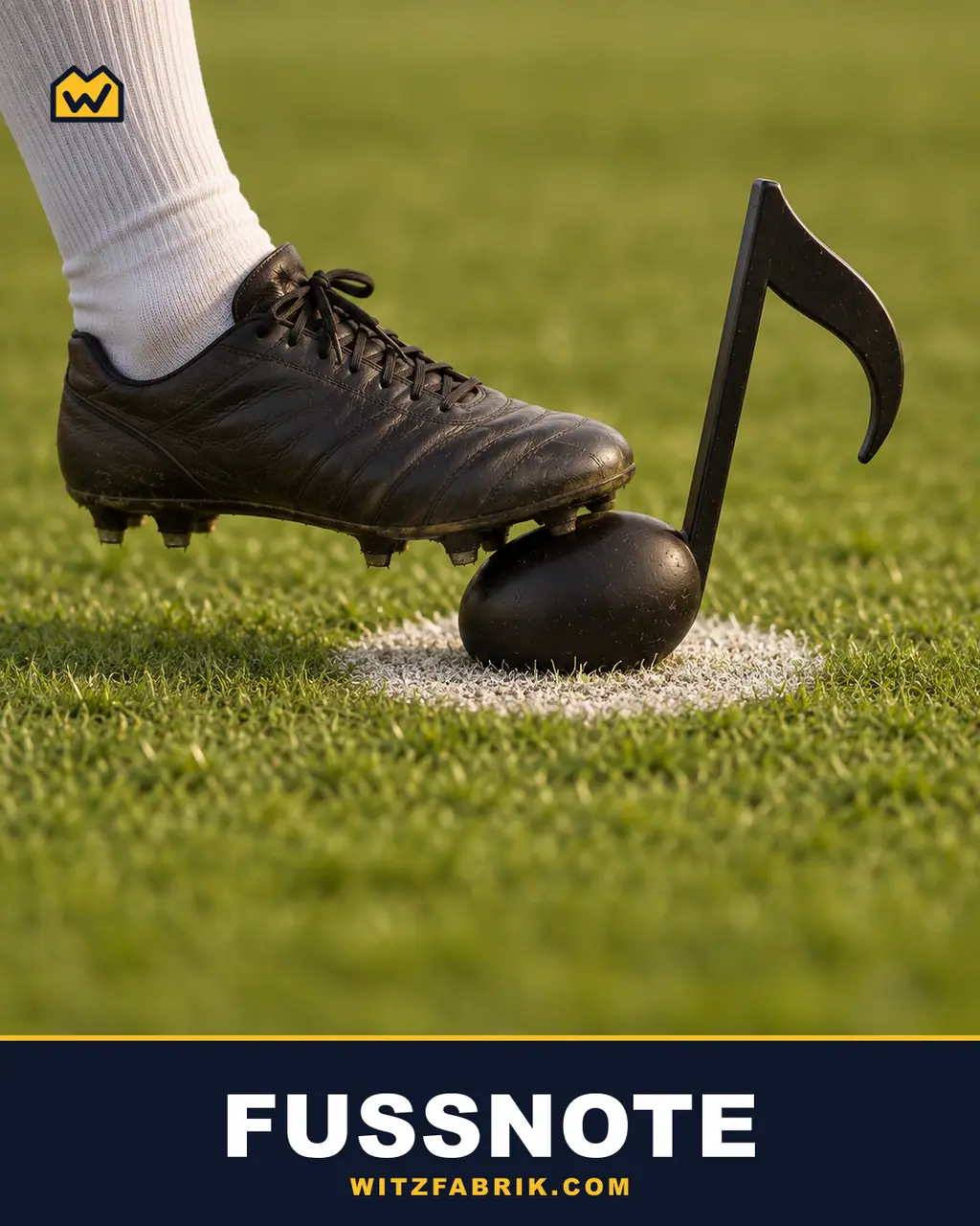 Ein schwarzer Fußballschuh mit Stollen steht auf dem Rasen und tritt auf eine schwarze Musiknote, die auf dem weißen Elfmeterpunkt liegt