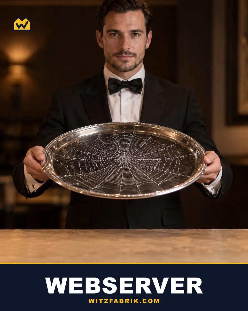 Ein Kellner im Smoking hält ein Silbertablett mit einem Spinnennetz darauf