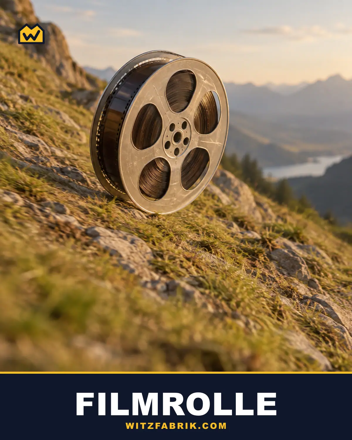 Eine metallene Filmspule mit aufgewickeltem Film rollt einen grasbewachsenen Berghang hinunter, dahinter Berge und ein See im Abendlicht