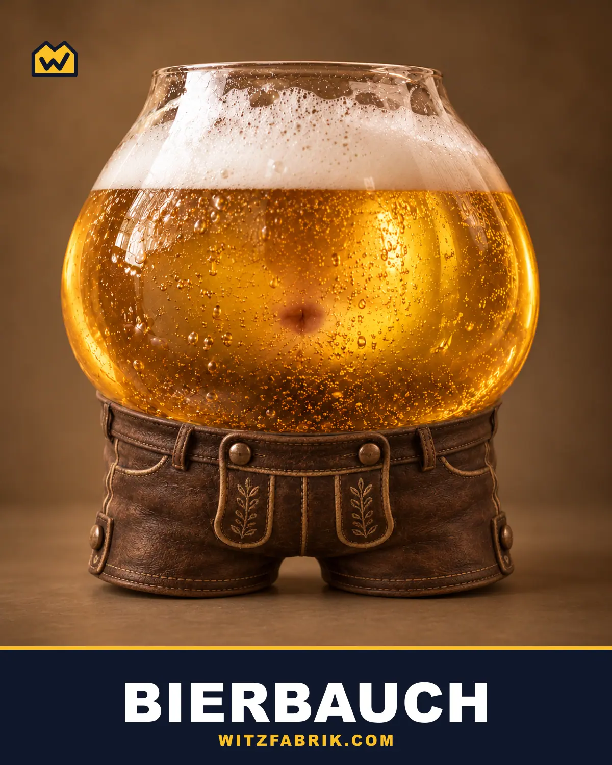Ein bauchig gewölbtes Bierglas mit Bauchnabel, gefüllt mit goldenem Bier und Schaumkrone, steht auf einer kurzen Lederhose