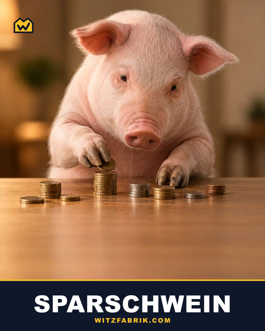 Ein Ferkel stapelt an einem Holztisch Münzen zu Türmchen