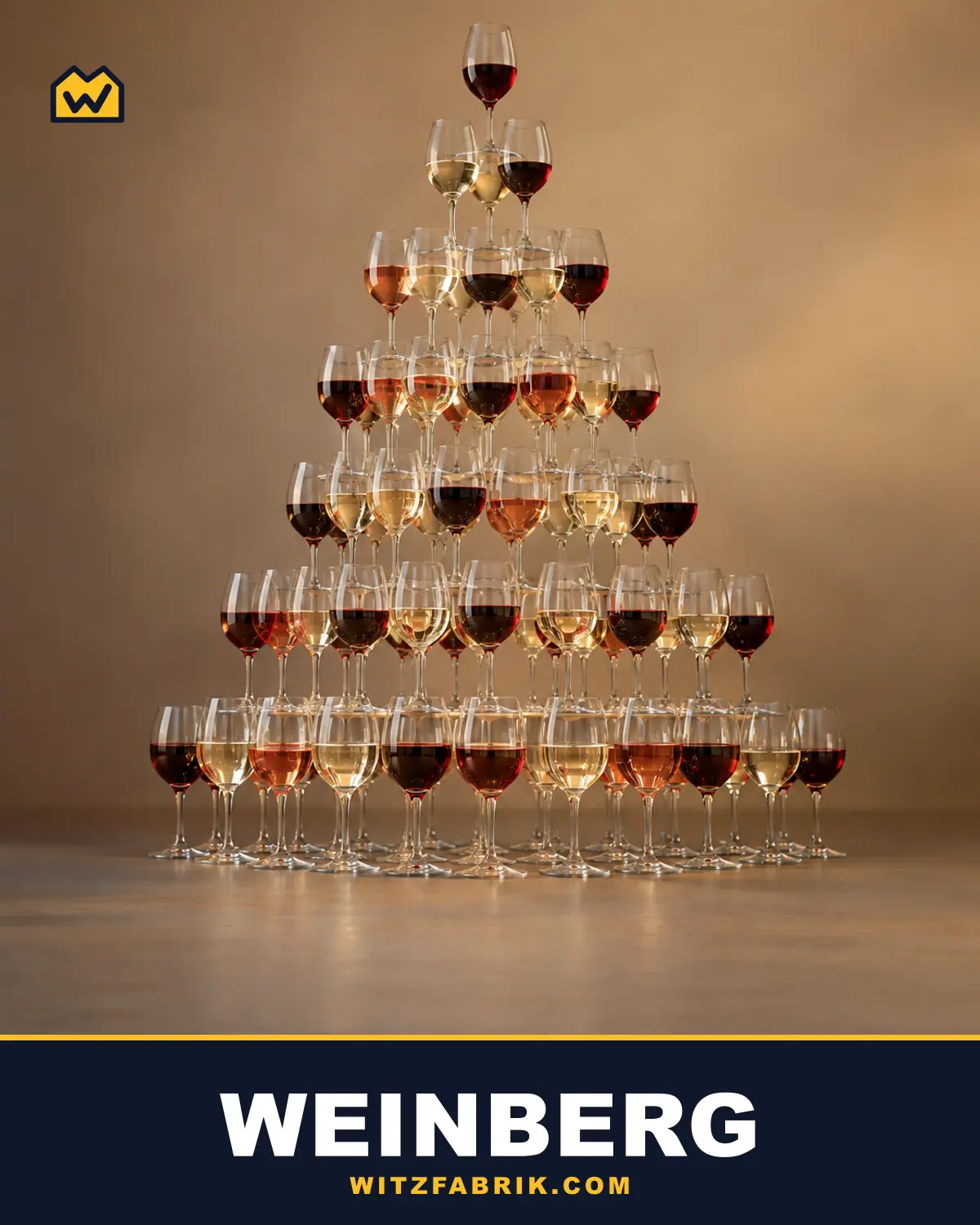 Eine hohe Pyramide aus gestapelten Weingläsern mit Rot-, Weiß- und Roséwein vor einem warmen, unscharfen Hintergrund