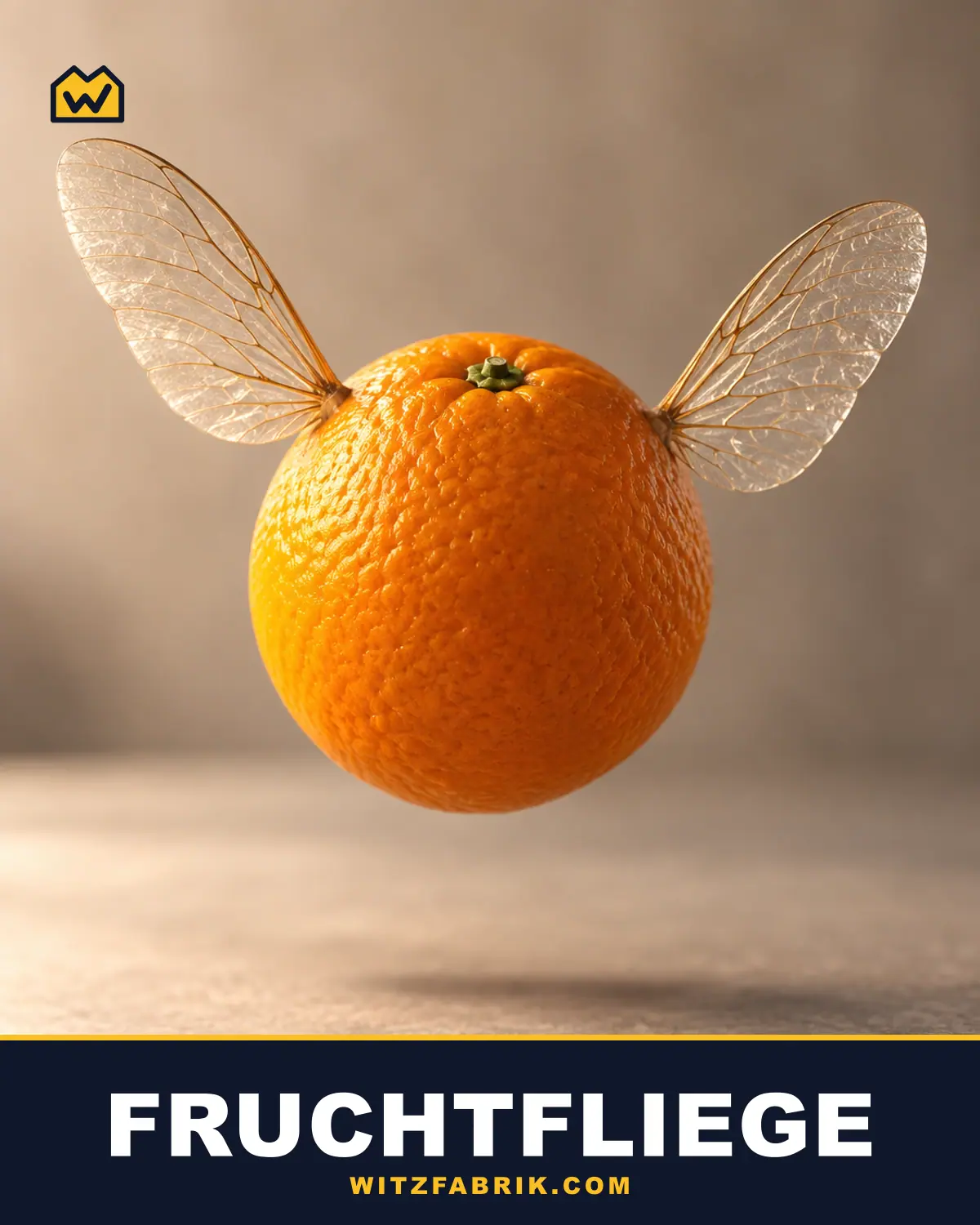 Eine Orange mit zwei durchsichtigen Insektenflügeln schwebt über einer grauen Fläche
