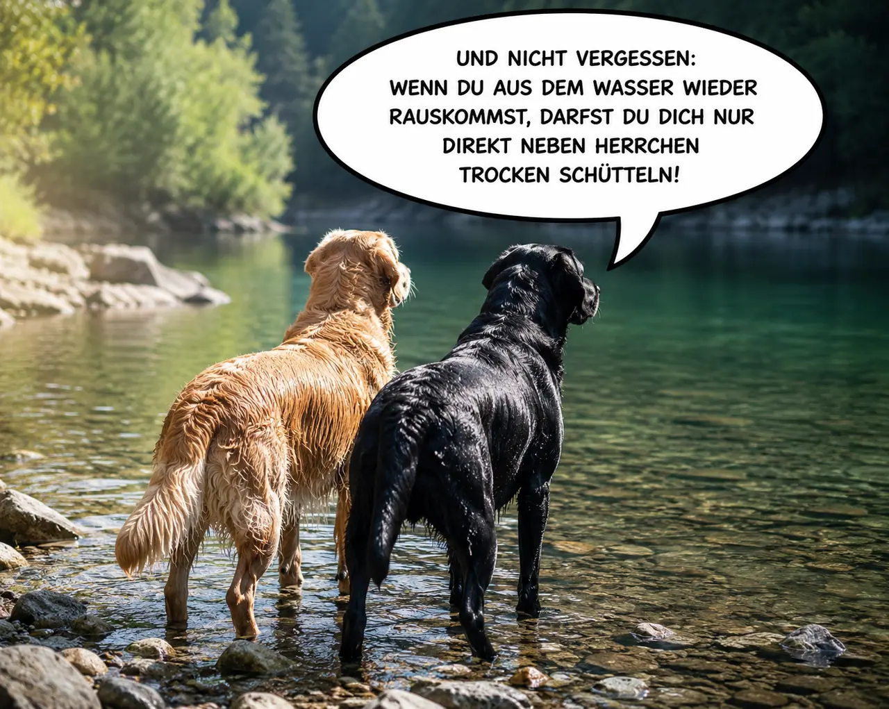 Zwei klatschnasse Hunde stehen im See; einer sagt: "Nur direkt neben Herrchen trocken schütteln!"
