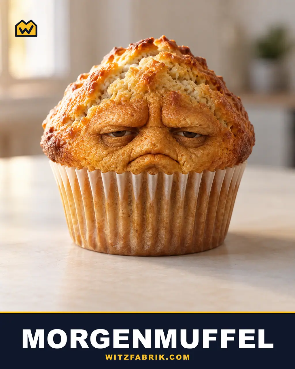 Ein Muffin mit mürrischem Gesicht steht auf einem Tisch