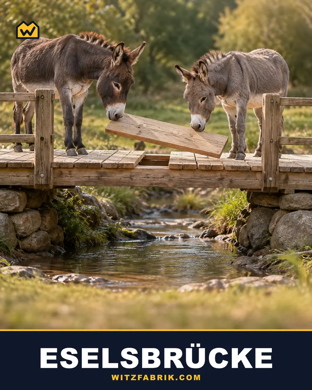 Zwei Esel stehen auf einer Holzbrücke über einem Bach und legen mit den Mäulern eine Holzplanke in eine Lücke im Brückenbelag