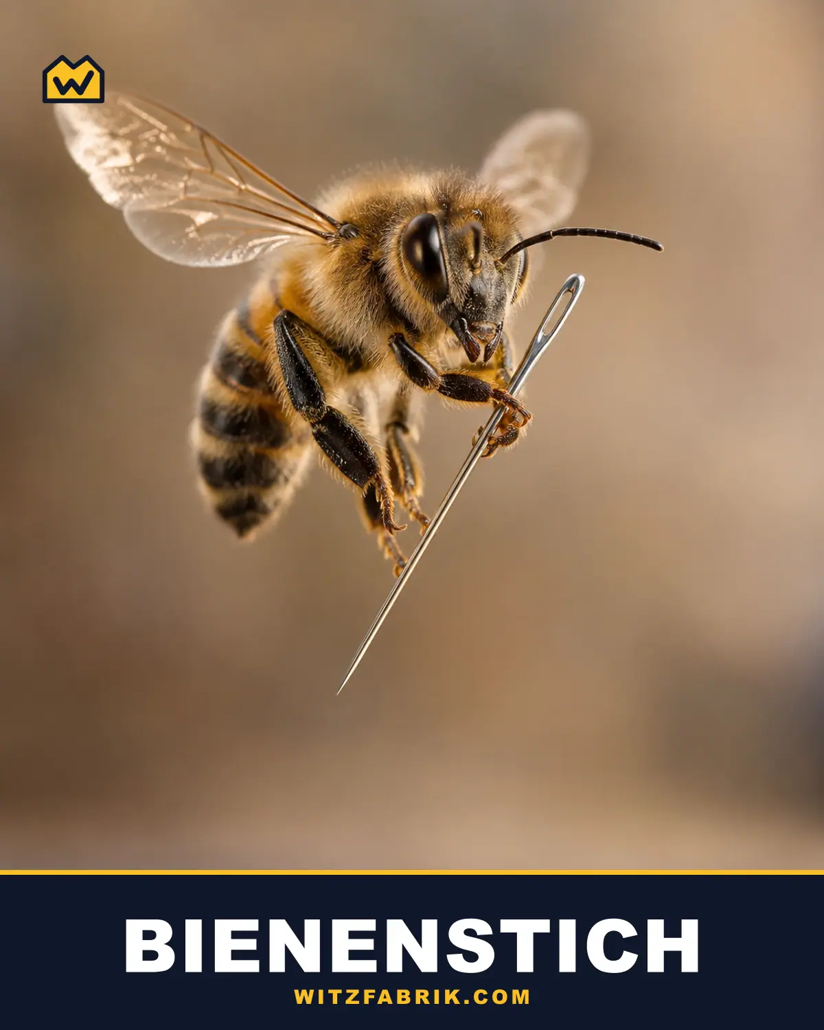 Eine Honigbiene im Flug hält mit ihren Beinen eine lange, silberne Nähnadel