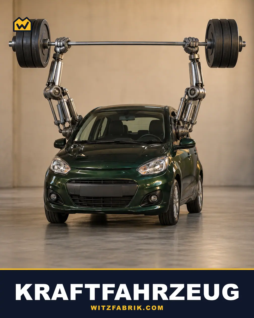 Ein Kleinwagen stemmt mit mechanischen Armen eine Hantelstange