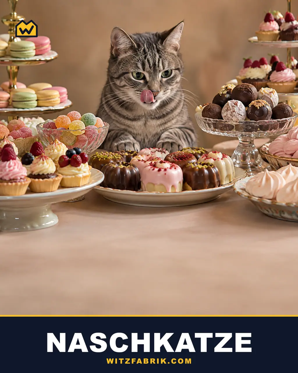 Eine getigerte Katze sitzt hinter Tischen voller Törtchen und leckt sich die Schnauze