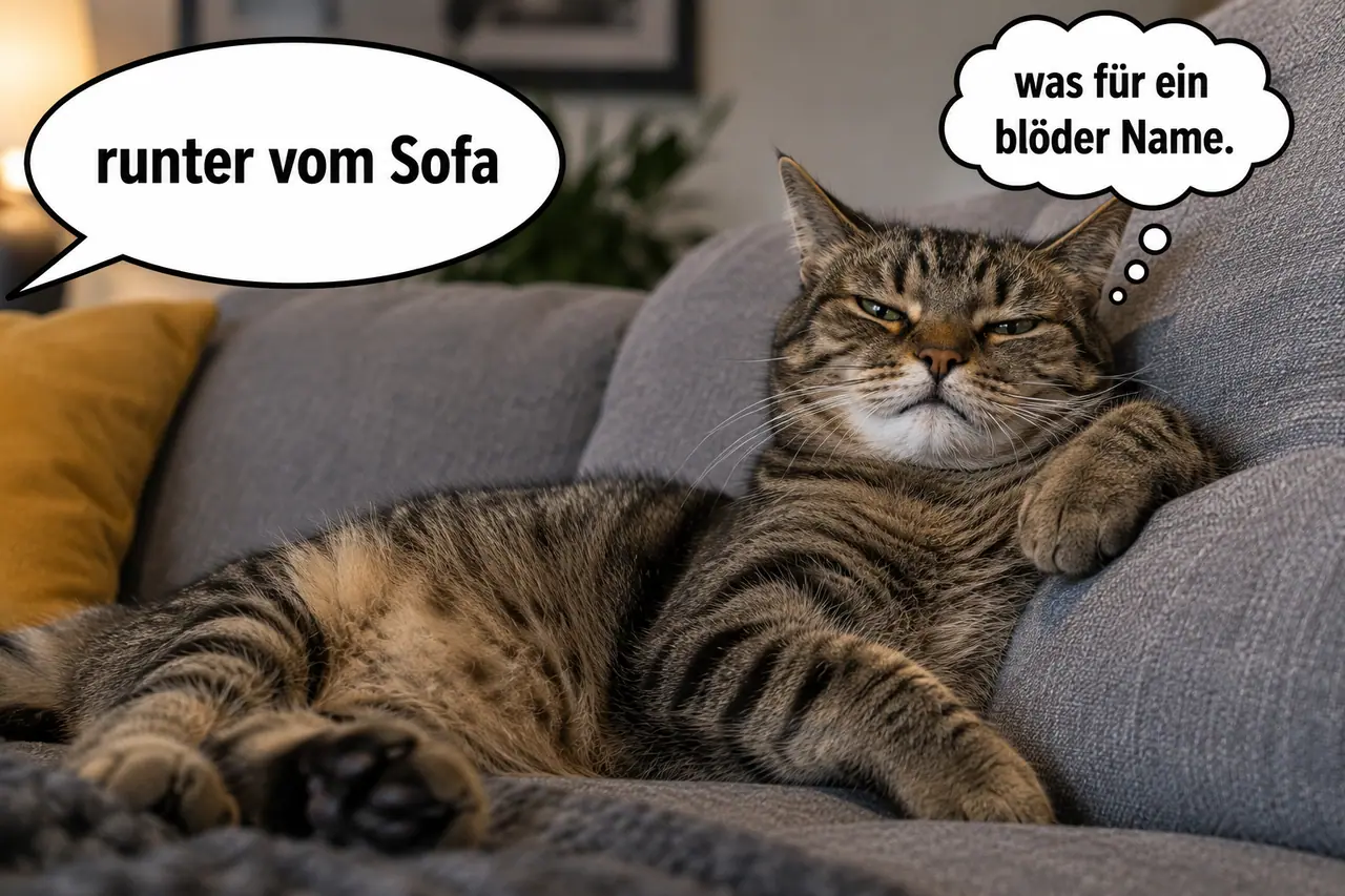 Getigerte Katze lümmelt gemütlich auf dem grauen Sofa; auf "Runter vom Sofa" denkt sie: "Was für ein blöder Name."