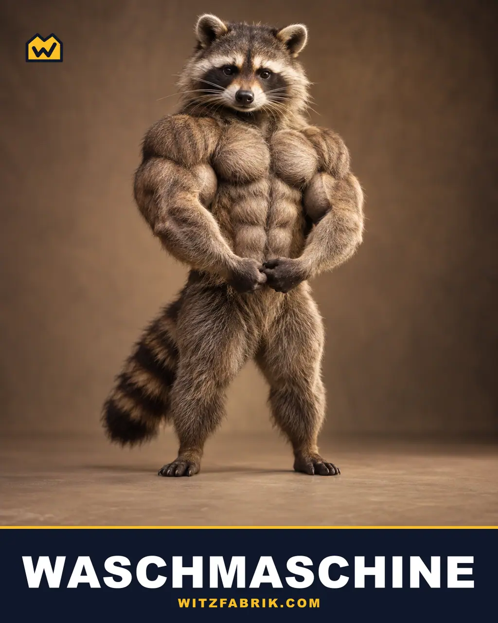 Ein muskulöser Waschbär posiert wie ein Bodybuilder vor braunem Studiohintergrund