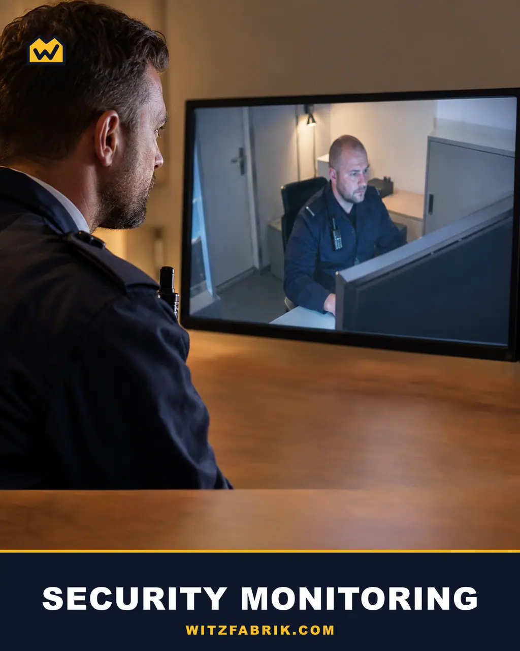 Ein Wachmann sieht auf einem Monitor einen zweiten Wachmann vor einem Monitor