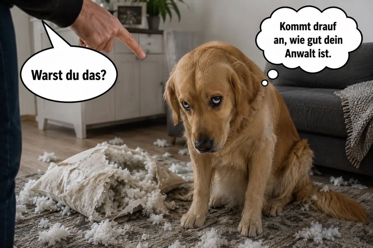 Schuldbewusster Golden Retriever neben zerrissenem Kissen; auf "Warst du das?" denkt er: "Kommt drauf an, wie gut dein Anwalt ist."