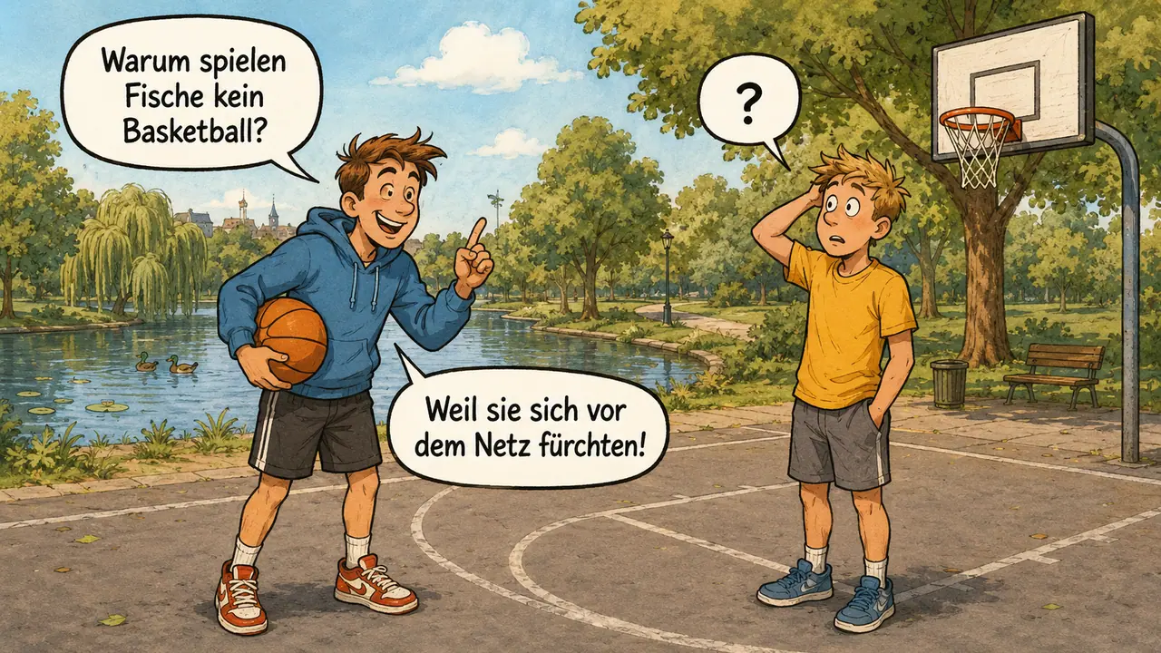 Comicszene auf einem Basketballplatz am See: Ein Junge mit Basketball fragt einen anderen, warum Fische kein Basketball spielen - weil sie sich vor dem Netz fürchten.