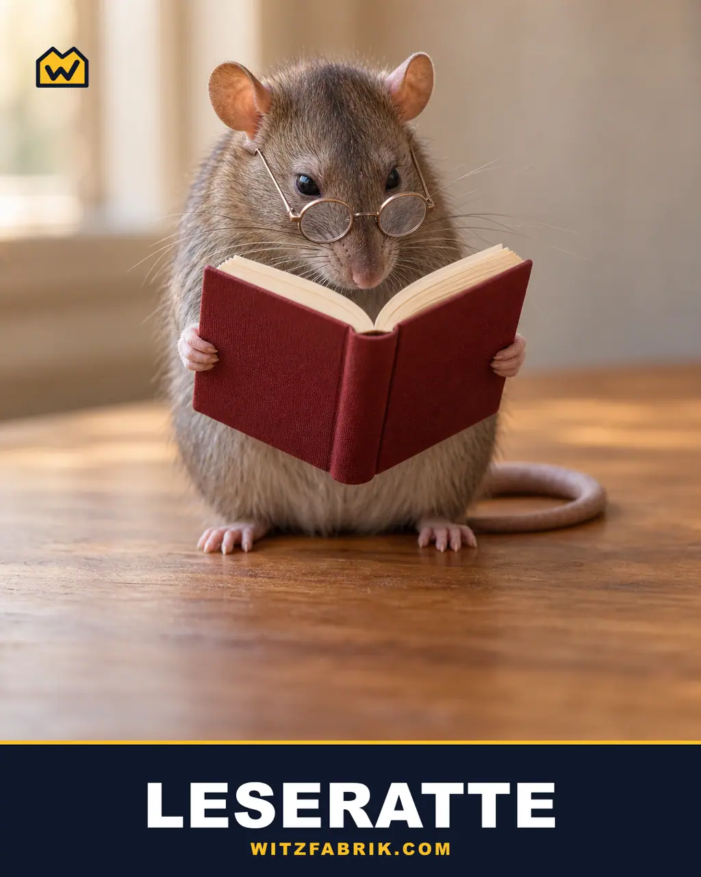 Eine Ratte mit runder Brille liest in einem roten Buch