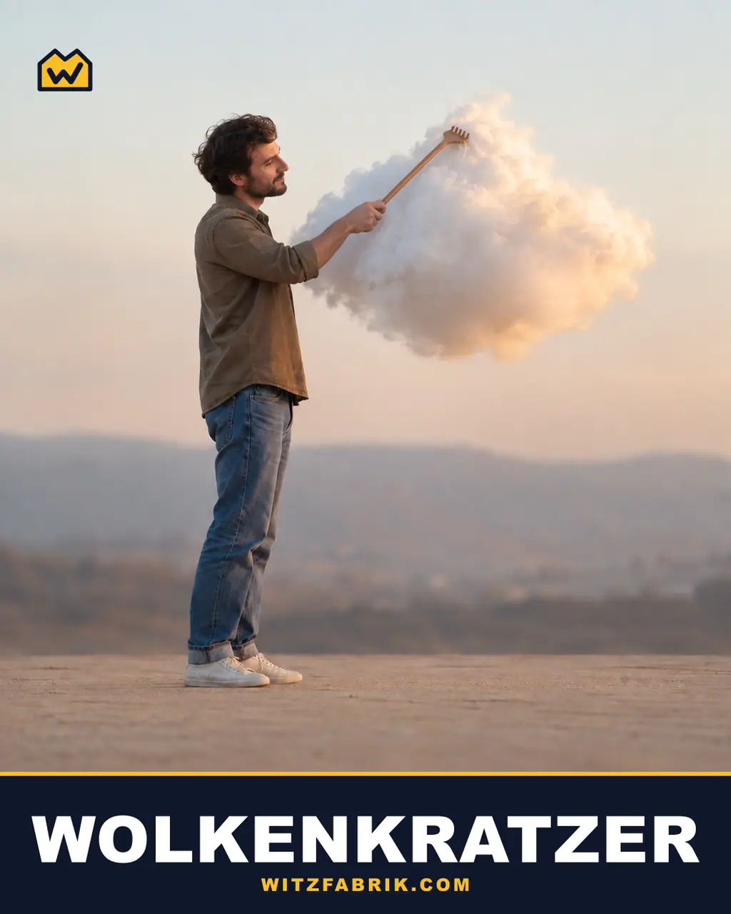 Ein Mann kratzt mit einem Rückenkratzer an einer Wolke