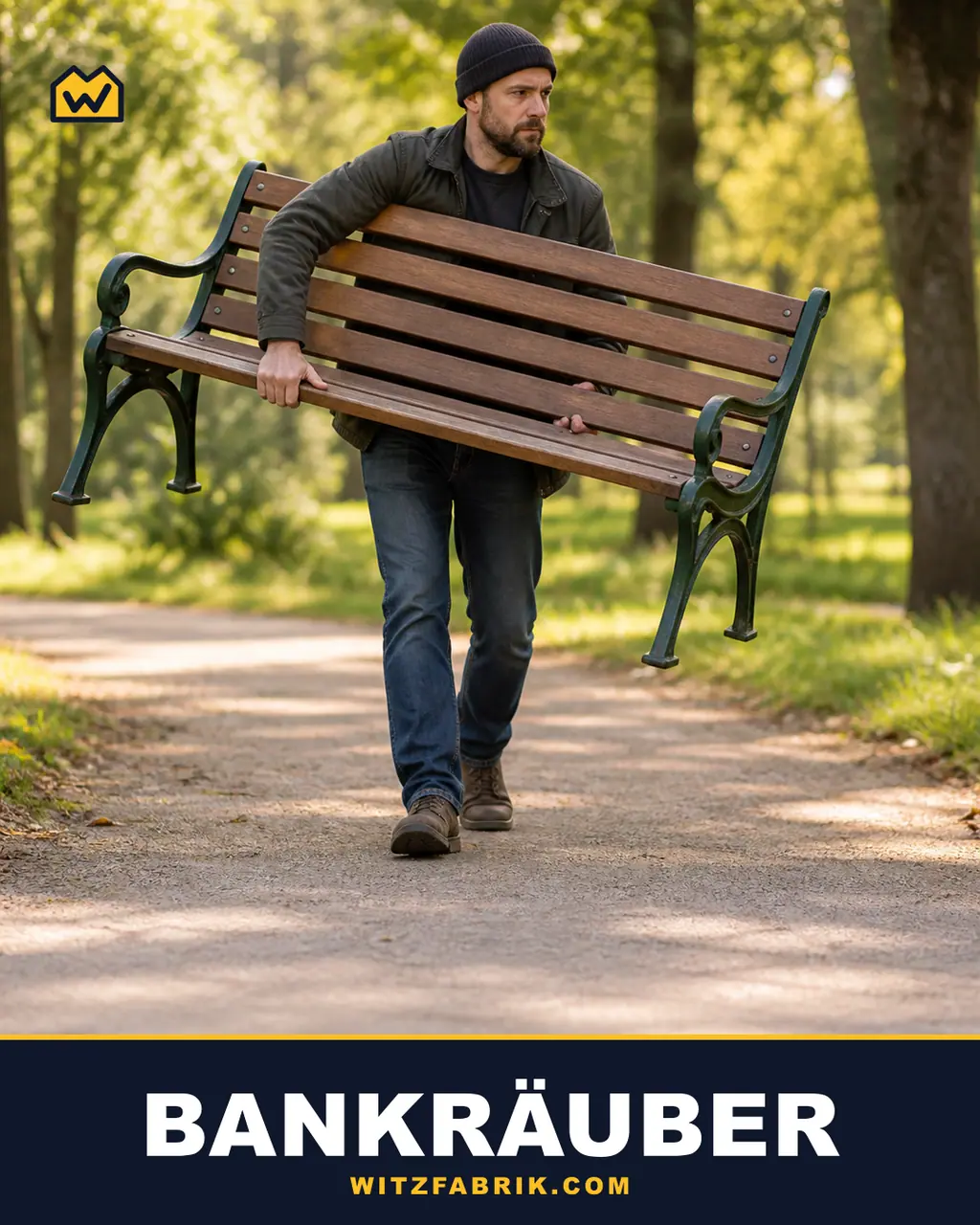 Ein Mann trägt eine hölzerne Parkbank auf der Schulter über einen Parkweg