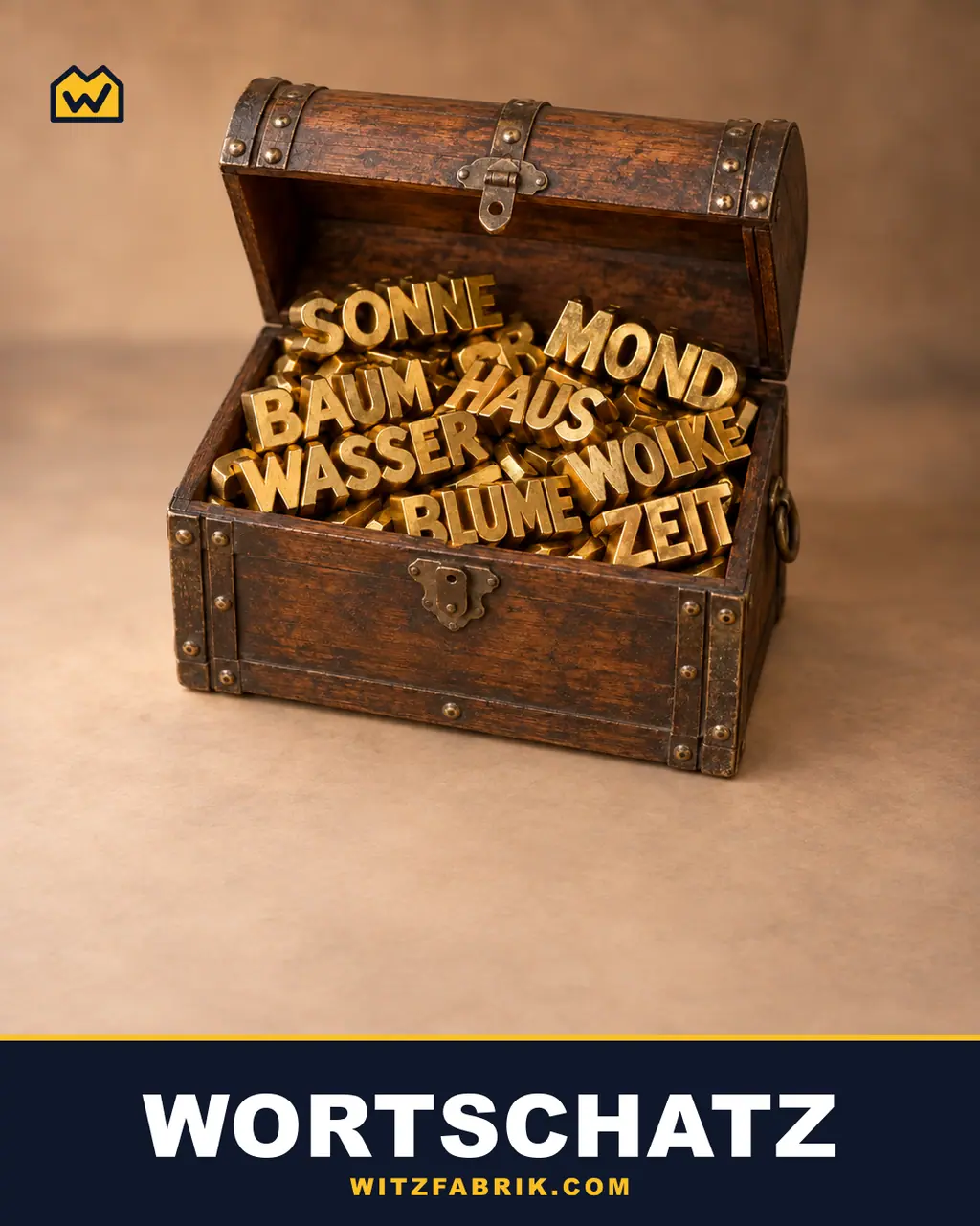 Eine geöffnete Holztruhe mit Metallbeschlägen ist gefüllt mit goldenen Buchstaben, die Wörter wie SONNE, MOND und BAUM bilden