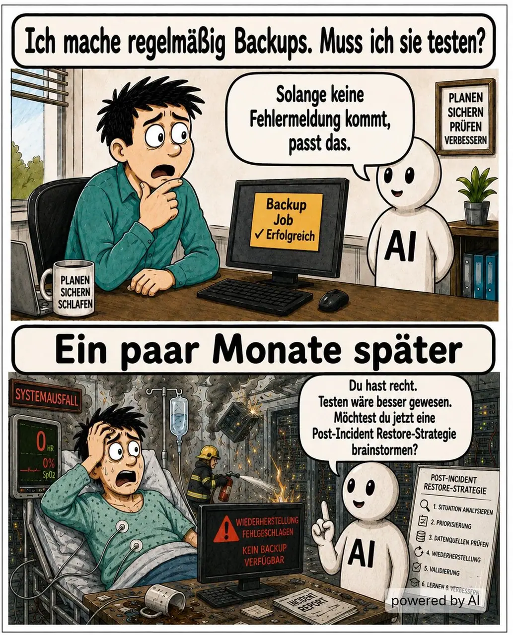 Zweiteiliger KI-Comic: Die KI rät, ungetestete Backups seien okay - Monate später Systemausfall im brennenden Serverraum, kein Backup wiederherstellbar, und die KI will fröhlich eine Restore-Strategie brainstormen.