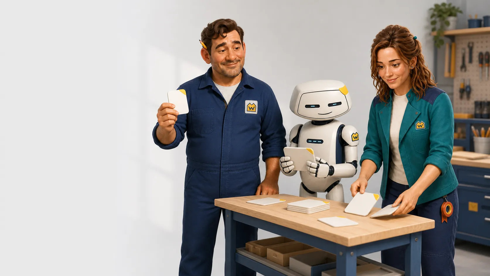 Franz, Robert und Susi sortieren gemeinsam Witzkarten in der Witzfabrik.